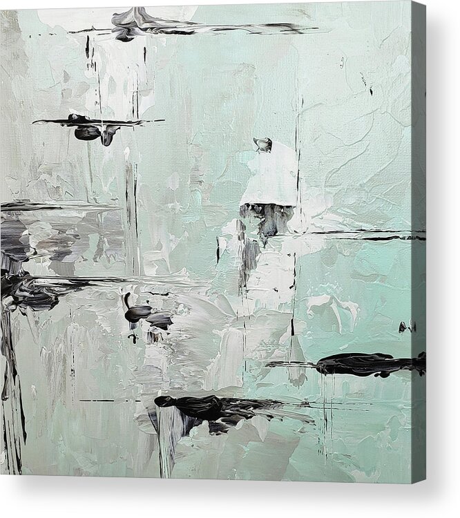 Mint Acrylic Print featuring the painting He's Watching Abstract Painting in Mint Green Taupe Black White by Lynnie Lang
