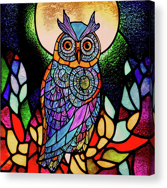 Hoot Owl Acrylic Print featuring the digital art Hoot Owl and Full Moon - Stained Glass by Peggy Collins