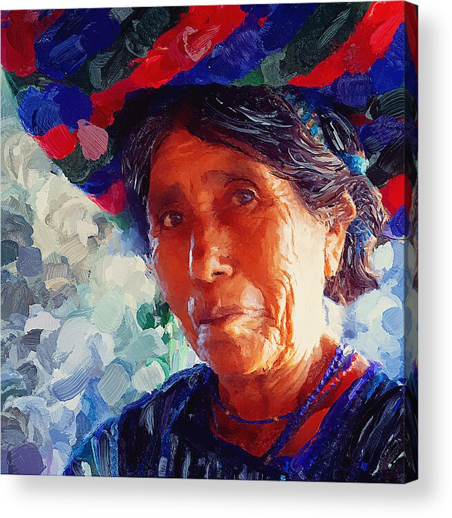 Portrait Acrylic Print featuring the mixed media Indigenous craft vendor portrait Guatemala by Tatiana Travelways