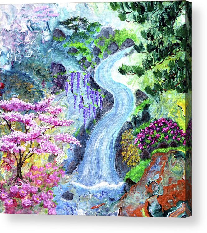 Sakura Acrylic Print featuring the painting Koi Beneath a Cascading Waterfall by Laura Iverson