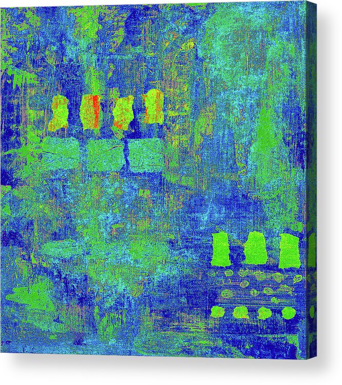 Blue Acrylic Print featuring the digital art LILY POND Abstract in Blue and Green by Lynnie Lang