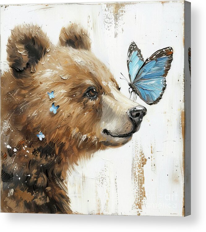 Brown Bear Acrylic Print featuring the painting Little Bear And The Butterfly by Tina LeCour