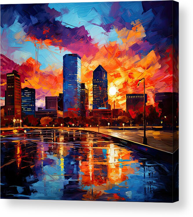 Louisville Sunset Acrylic Print featuring the painting Louisville Sunset - Colorful Impressionist Dream by Lourry Legarde