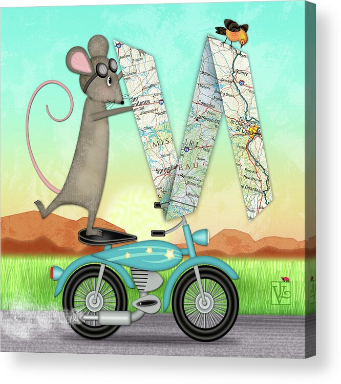 Letter M Acrylic Print featuring the digital art M is for Mouse, Map and Motorcycle by Valerie Drake Lesiak