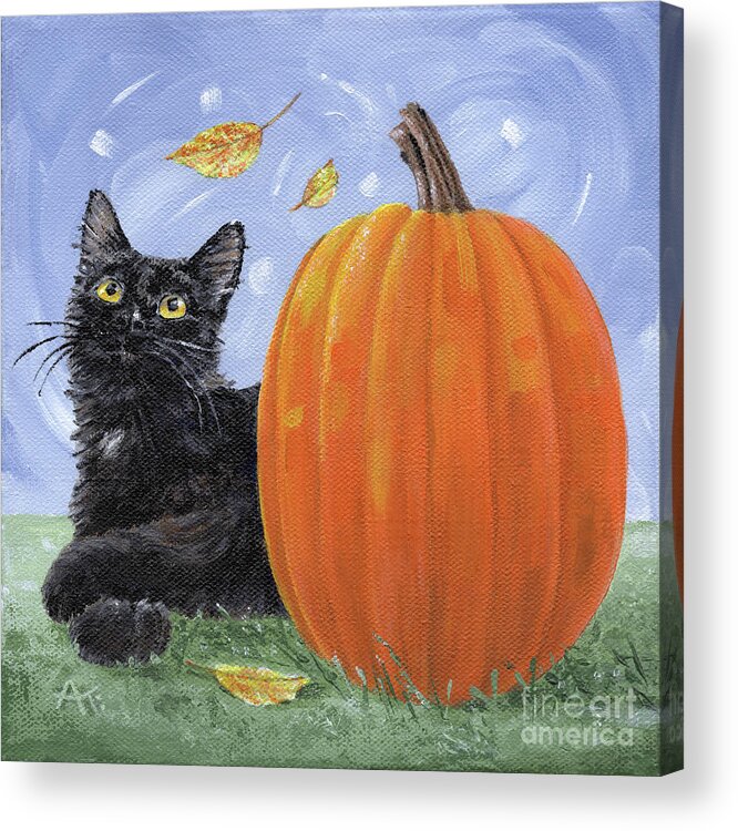 Cat Acrylic Print featuring the painting Mango - Black Cat and Pumpkin by Annie Troe