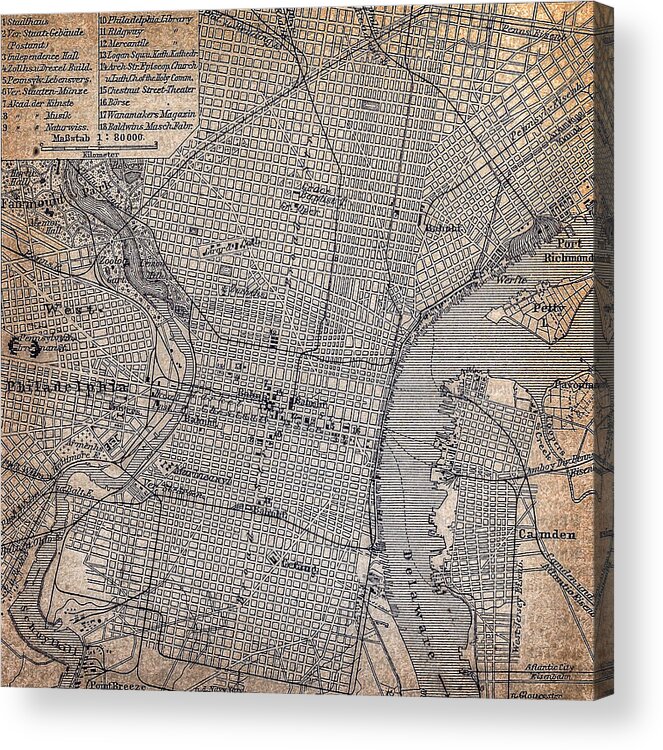 Engraving Acrylic Print featuring the drawing Map of Philadelphia 1898 by Nastasic