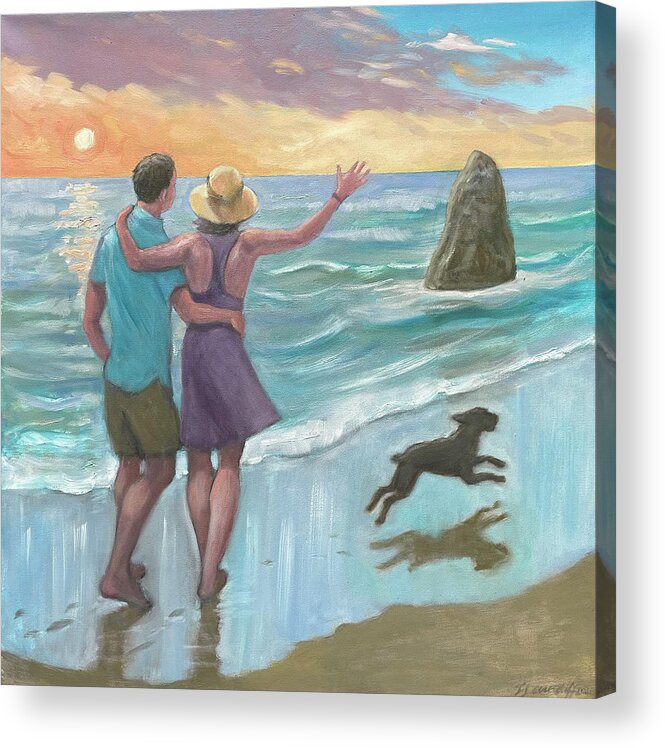 Southern Oregon Coast Acrylic Print featuring the painting Matt, Leah and Chupie in Paradise by Laura Lee Cundiff