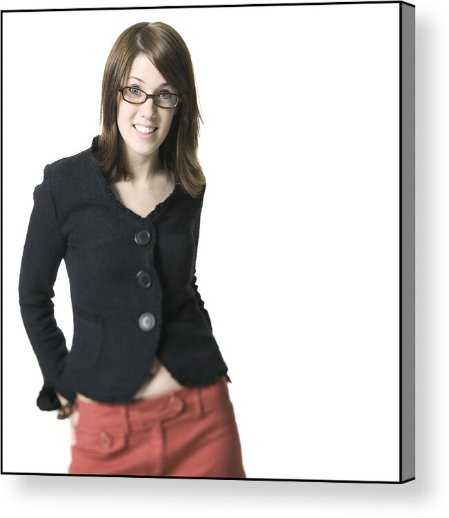 White Background Acrylic Print featuring the photograph Medium Shot Of A Young Adult Female In A Black Shirt And Glasses As She Smiles by Photodisc