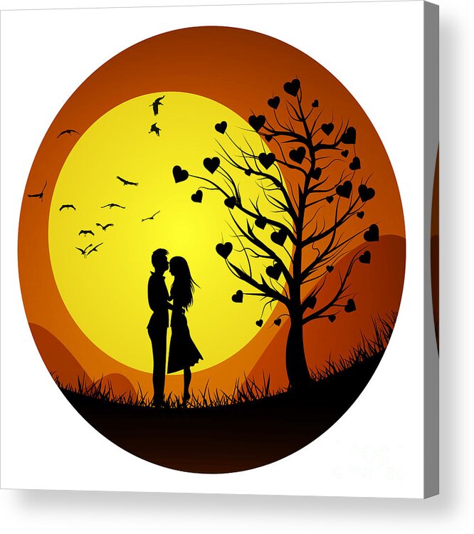 Drawing Acrylic Print featuring the drawing Minimalist couple in love scenery, two lovers in the hill with love tree valentines day background by Mounir Khalfouf