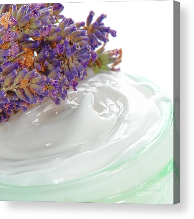 Moisturizer Acrylic Print featuring the photograph Moisturizing Cream in a Jar and Lavender Flowers by Olivier Le Queinec