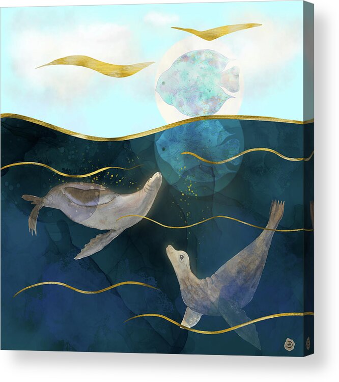 Global Warming Acrylic Print featuring the digital art Moonlight Mirage - Sea Lions Dream by Andreea Dumez