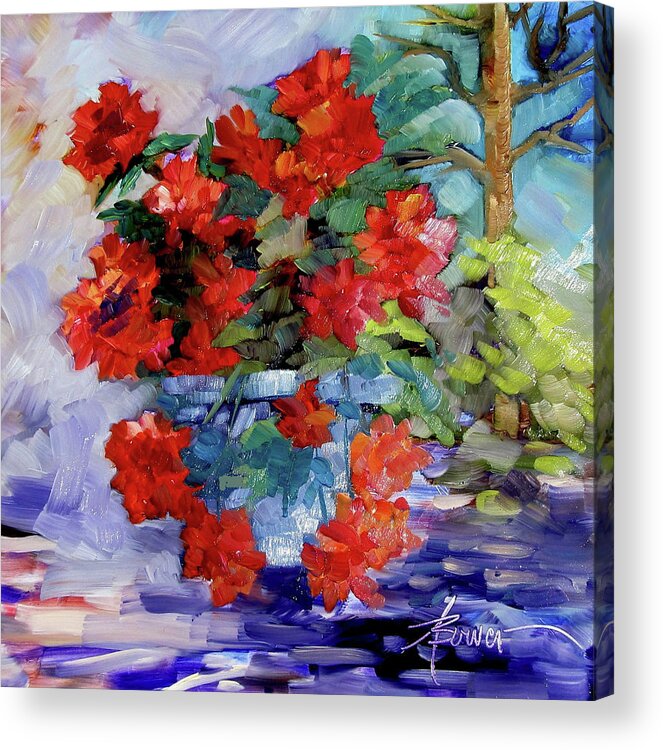 Geraniums Acrylic Print featuring the painting Morning Patterns by Adele Bower