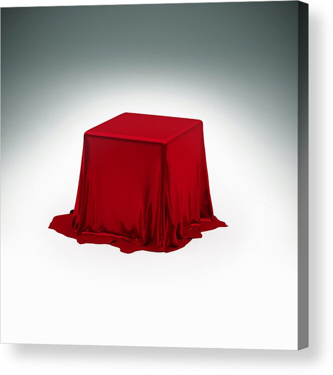 Surprise Acrylic Print featuring the drawing Mystery box under red silk cloth by Doug Armand