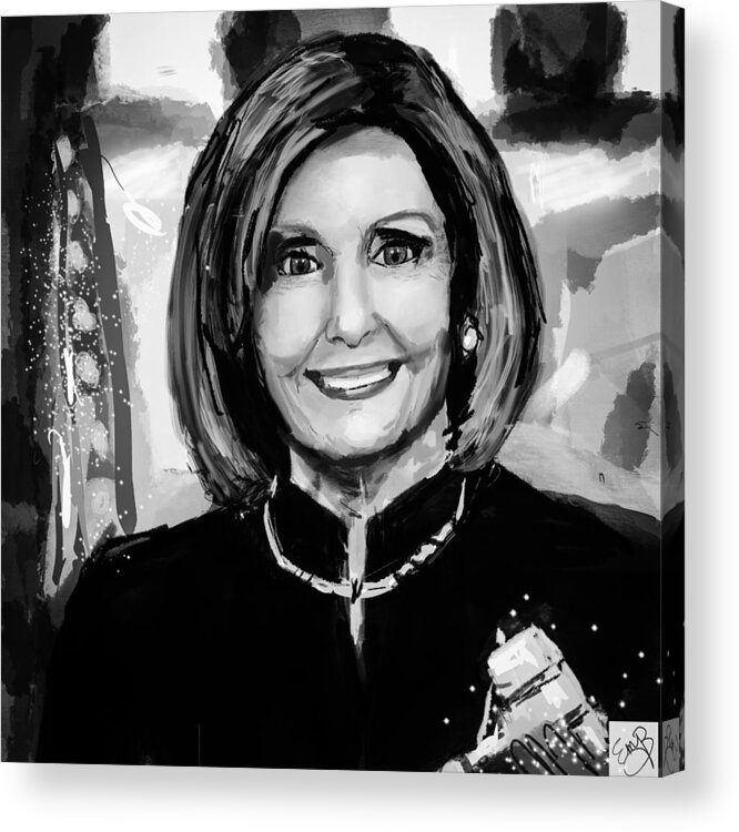 Nancy Pelosi Acrylic Print featuring the mixed media Nancy Pelosi BW by Eileen Backman