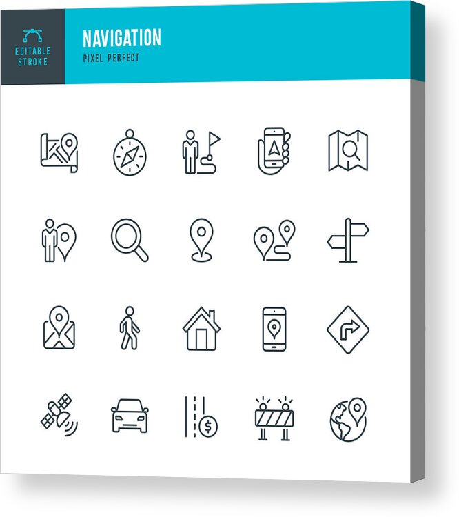 Pedestrian Acrylic Print featuring the drawing Navigation - thin line vector icon set. Pixel perfect. Editable stroke. The set contains icons: GPS, Navigational Compass, Distance Marker, Car, Walking, Mobile Phone, Map, Road Sign. by Fonikum