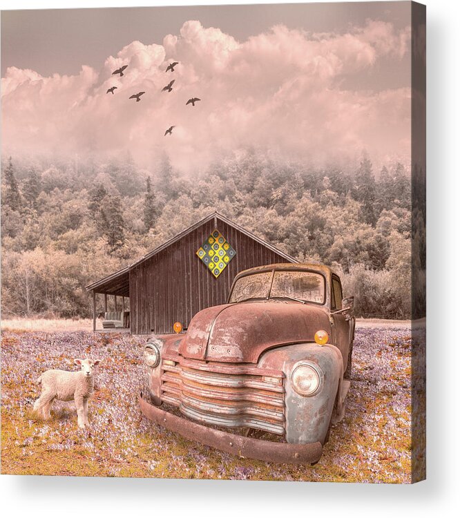Barn Acrylic Print featuring the photograph Old Truck in the Fog on the Farmhouse by Debra and Dave Vanderlaan