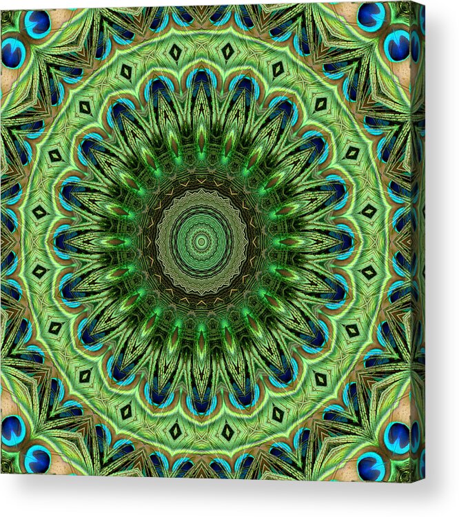 Blue And Green Acrylic Print featuring the mixed media Peacock Mandala Kaleidoscope Medallion Flower by Mercury McCutcheon