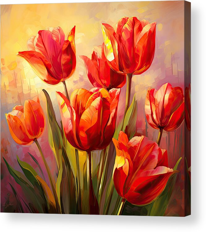 Red Tulips Acrylic Print featuring the digital art Perfect Gift Of Love- Red Tulips Paintings by Lourry Legarde