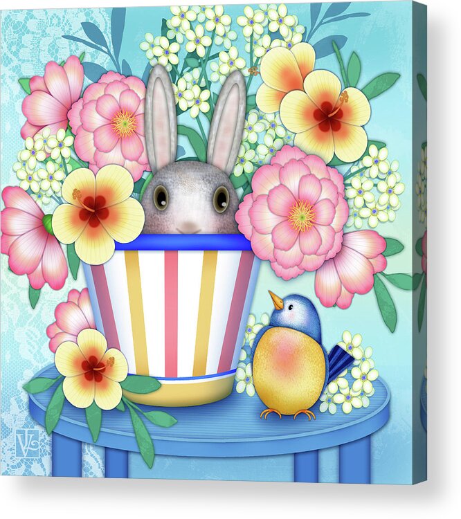 Still Life Acrylic Print featuring the digital art Peekaboo Bunny and Bird by Valerie Drake Lesiak