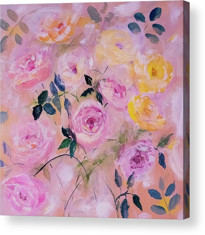 Friendship Acrylic Print featuring the painting Pink And Yellow Roses Symbolize Friendship by Lisa Kaiser