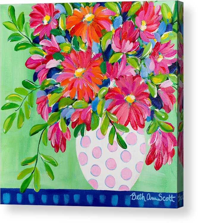 Flowers Acrylic Print featuring the painting Pink Dotted Vase by Beth Ann Scott