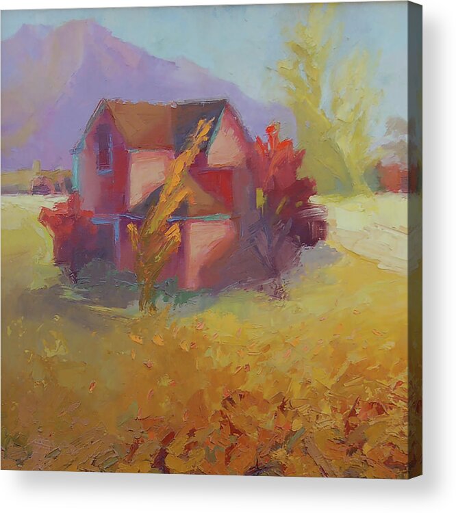 Landscape Acrylic Print featuring the painting Pink House Yellow by Cathy Locke