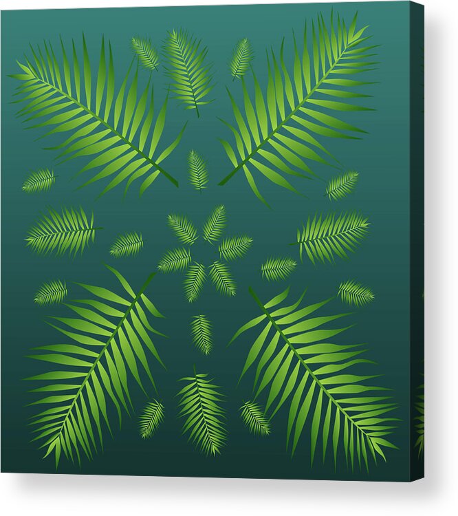 Palm Acrylic Print featuring the digital art Plethora of Palm Leaves 20 on a Teal Gradient Background by Ali Baucom