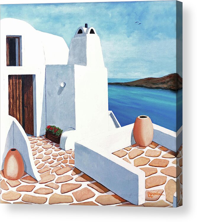 Santorini Acrylic Print featuring the painting SANTORINI GETAWAY-Original or Prints by Mary Grden