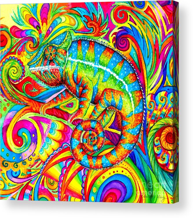 Chameleon Acrylic Print featuring the drawing Psychedelizard - Psychedelic Rainbow Chameleon by Rebecca Wang