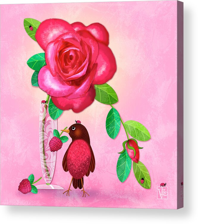 Rose Acrylic Print featuring the digital art R is for Rose and Robin by Valerie Drake Lesiak