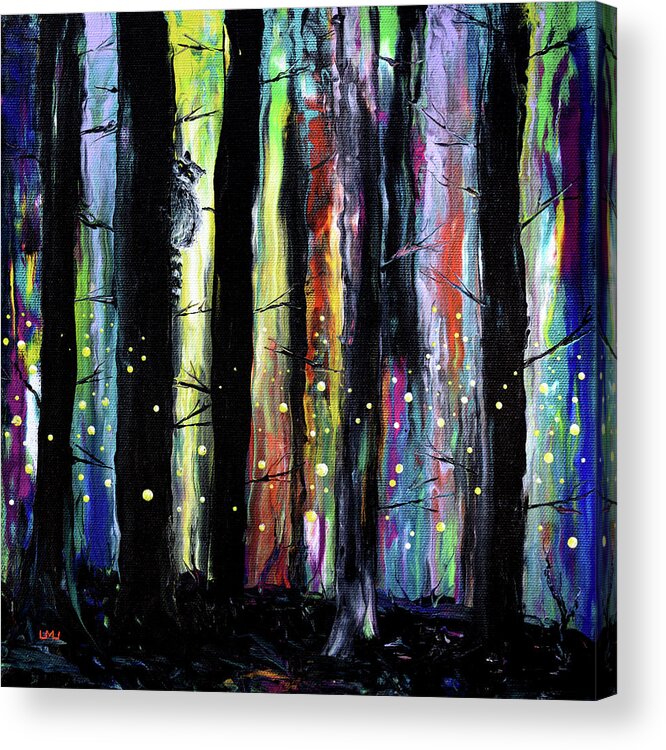 Raccoon Acrylic Print featuring the painting Raccoon and Fireflies by Laura Iverson