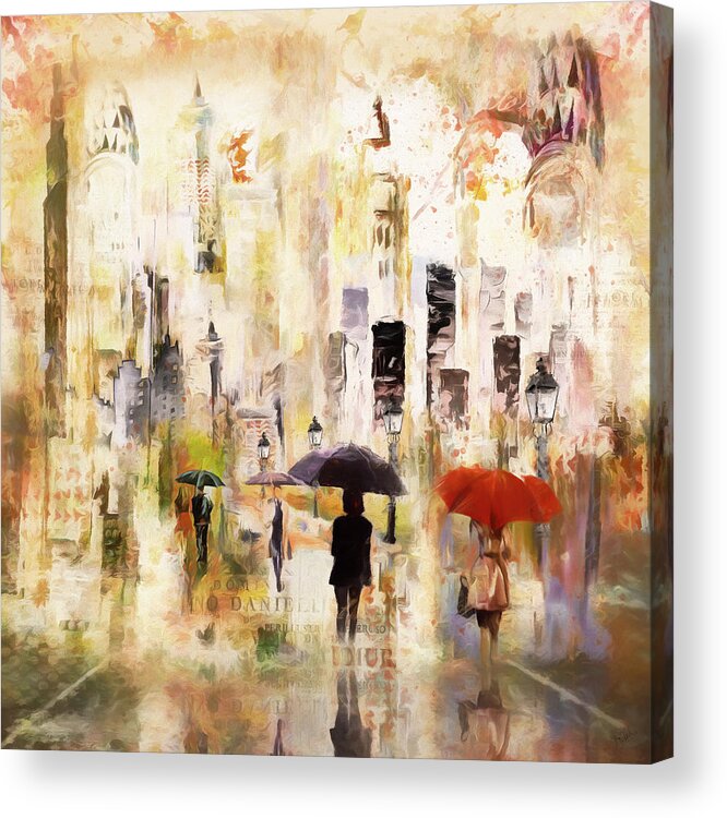 Cityscape Acrylic Print featuring the digital art Rainy City Walk by Barbara Mierau-Klein