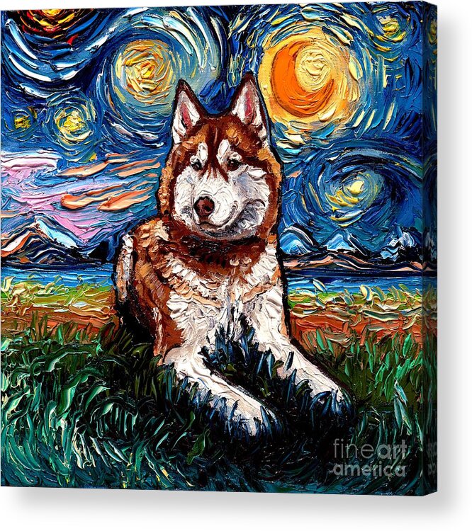 Starry Night Dogs Acrylic Print featuring the painting Red and White Husky Night by Aja Trier