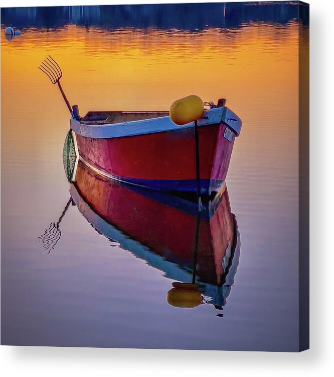 Red Boat Acrylic Print featuring the photograph Red Boat With a Pitchfork by Darius Aniunas