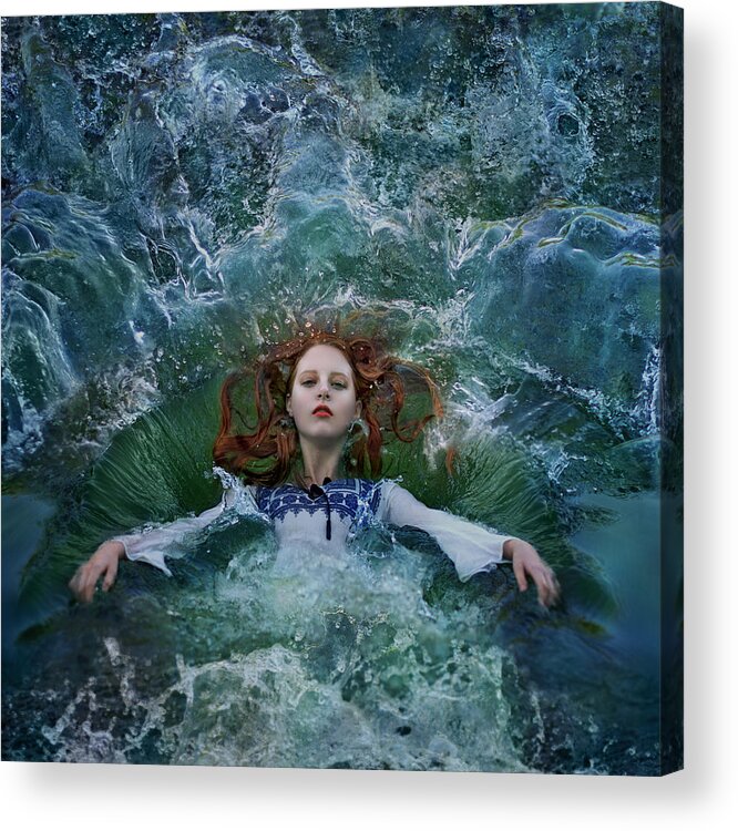 Tranquility Acrylic Print featuring the photograph Red haired woman falling into water by Nina Sinitskaya