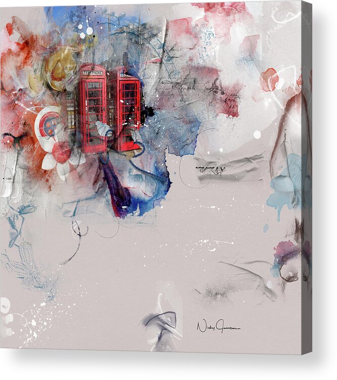 London Acrylic Print featuring the mixed media Red Phones at Charing Cross by Nicky Jameson