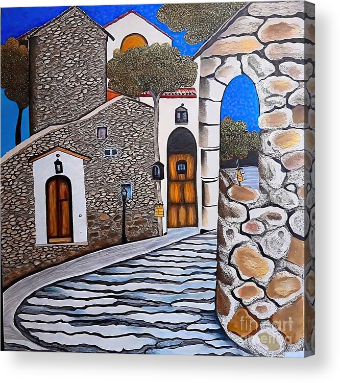  Acrylic Print featuring the painting Refuge 6 Painting Illustration Modern Art deco Fine art Realism aegean art artist artistic background beautiful beauty blue bougainvillea building caldera city colorful cyclades destination europe by N Akkash