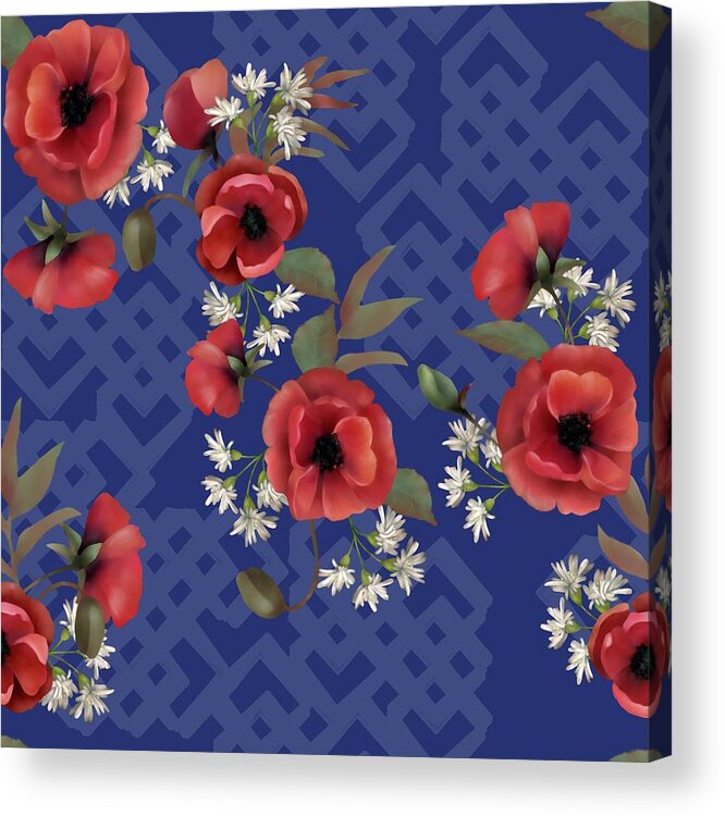Poppies Acrylic Print featuring the digital art Remembrance Blue Floral by Sand And Chi
