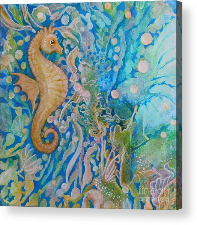 I Painted This Whimsical Painting Of A Seahorse In An Imaginary Underwater World Using All The Colors Of The Rainbow. Acrylic Print featuring the painting Ride a Painted Pony by Joan Clear