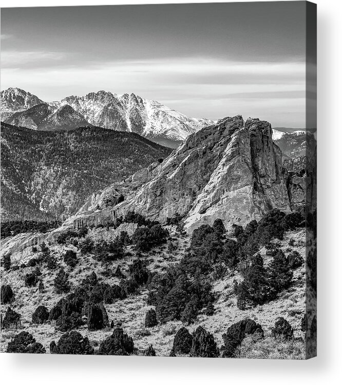 Colorado Springs Acrylic Print featuring the photograph Right Panel 3 of 3 - Pikes Peak Panoramic Mountain Landscape with Garden of the Gods In Monochrome by Gregory Ballos