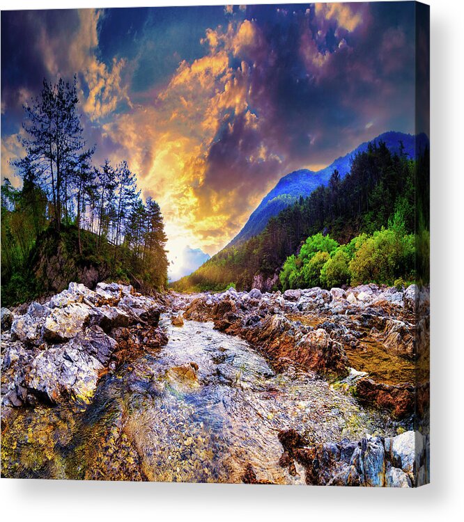 Blue Acrylic Print featuring the photograph River sunrise calm blue mountain by Eszra Tanner
