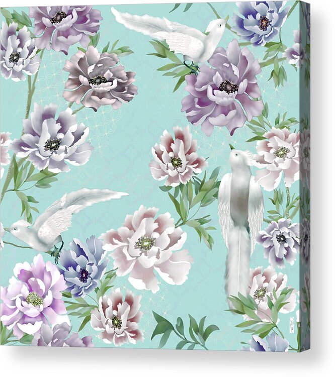 Peony Acrylic Print featuring the digital art Robin's Egg Blue Chinoiserie Peonies and Royal Birds by Sand And Chi