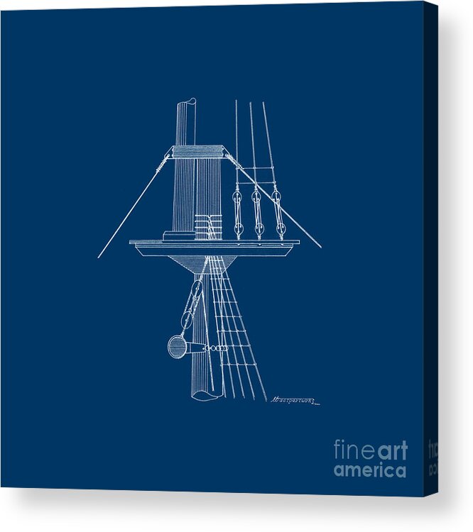 Sailing Vessels Acrylic Print featuring the drawing Sailing ship lookout - crow's nest - blueprint by Panagiotis Mastrantonis
