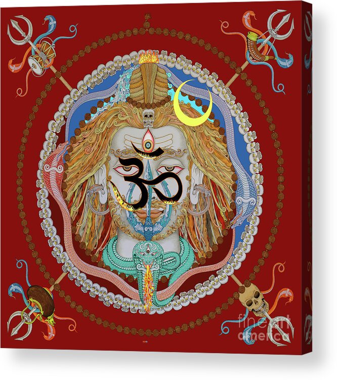 Om Acrylic Print featuring the mixed media Shiva OM munda mala red by Vrindavan Das