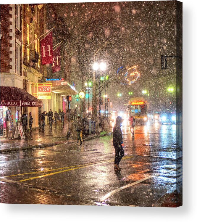 Harvard Acrylic Print featuring the photograph Snowfall in Harvard Square Cambridge MA COOP Square by Toby McGuire