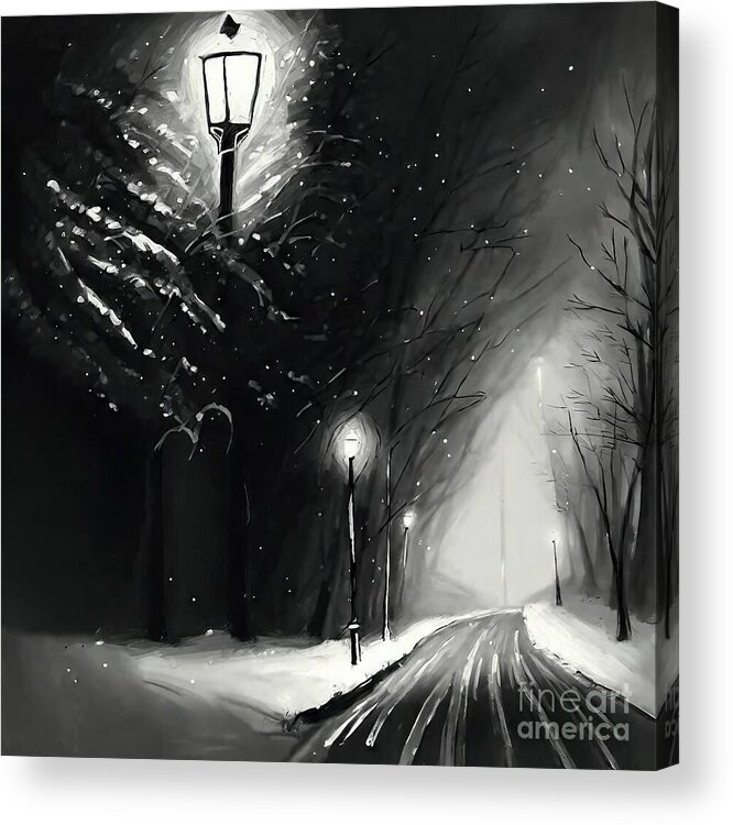  Acrylic Print featuring the painting Snowfall in the Park Painting park winter snow trees sky sun setting peaceful nature black white delicate 3d illustration background blue bridge cold colorful dark fog frost landscape lantern night by N Akkash