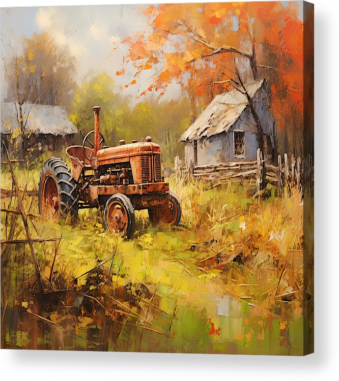 Red Tractor Acrylic Print featuring the painting Splendor of the Past - Red Tractor Art by Lourry Legarde