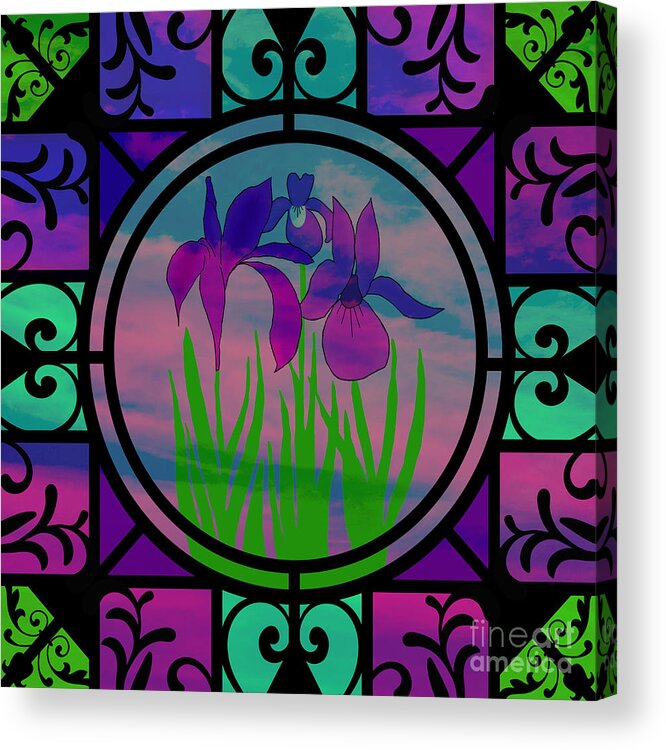 Irises Acrylic Print featuring the mixed media Stained Glass Irises by Diamante Lavendar