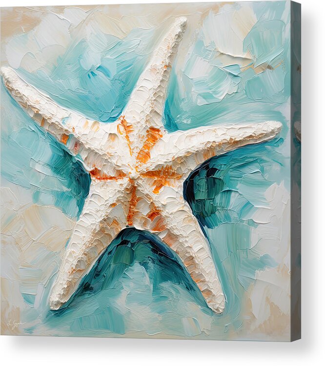 Seashell Acrylic Print featuring the painting Starfish Serenade - Teal and Orange Art by Lourry Legarde