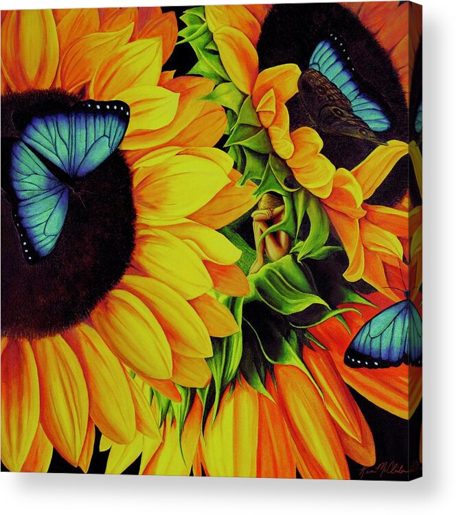Kim Mcclinton Acrylic Print featuring the painting Blue Morpho Sunflower Dream by Kim McClinton